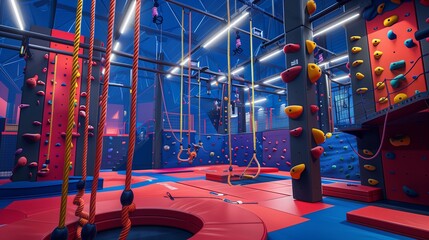 A competitive ninja warrior gym with climbing walls, ropes, and various obstacles designed for rigorous training.