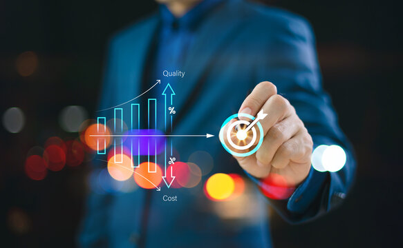 Cost efficient and quality control concept. Businessman with virtual quality control growth graph and cost reduction lower. Cost optimization for product or service to improve business risk solution