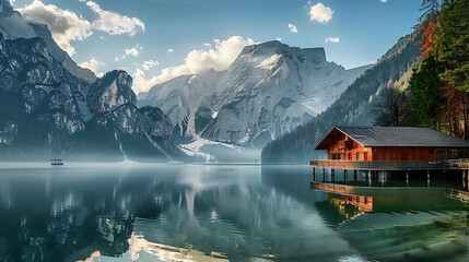 Mountain lake house early in the morning.