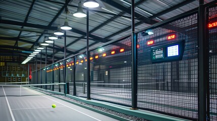 A high-performance paddle tennis venue with mesh fencing, optimal lighting, and a digital scoring...