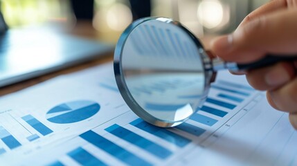 A hand holding a magnifying glass over a bar graph, symbolizing close examination and scrutiny of data for accuracy and insights.