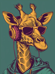A cool giraffe with sunglasses and headphones