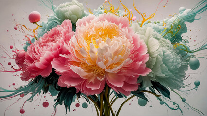 The image portrays the vibrancy of a digital artwork that captures large, lush peonies in their peak bloom. The soft pastel hues of pinks and whites emanate a mesmerizing aura enriched by delicat...