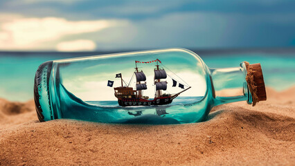 A meticulously crafted model ship showcases black sails and is enclosed within a transparent glass bottle. It rests on a beach with sandy grains. The setting portrays a dramatic sky and turquoise...