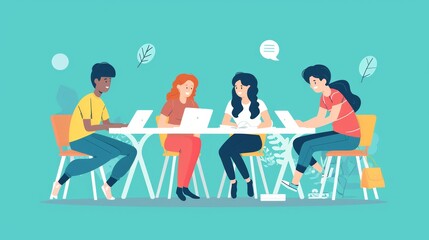 A group of people gathered around a table, focused and engaged, each with a laptop open, collaborating and discussing ideas. Generative AI