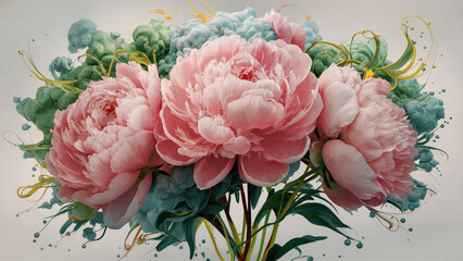 A digital artwork showcasing three large, intricately designed pink peonies. These flowers are brought to life by their vibrant green stems set against the calming backdrop of delicate blue and g...
