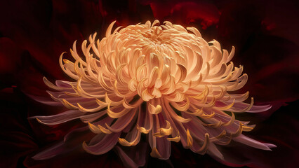 The image vividly portrays an oversized, sumptuous chrysanthemum flower. The flower is depicted with a plethora of pale peach-colored petals intricately arranged to create a plush display. Concen...