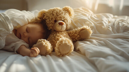 A baby is sleeping on a bed with a teddy bear next to him