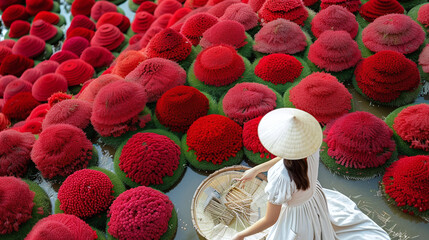 Vietnamese woman in traditional white Ao dai dress drying incense outdoors in Hanoi, red florals