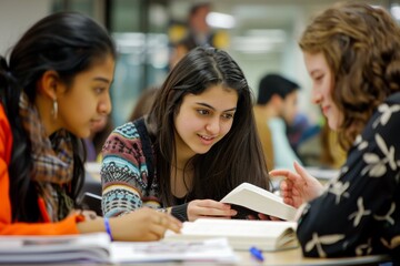 Obraz premium A group of young women engaged in a lively discussion at a table, sharing ideas and thoughts while studying together. Generative AI