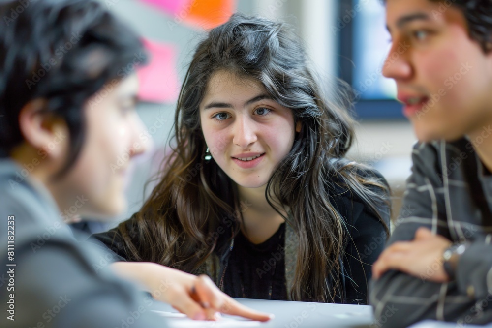 Poster a diverse group of young people enthusiastically discussing study material around a table, sharing i