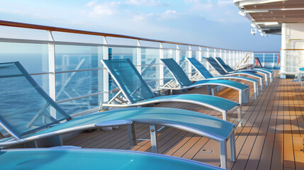 row of lounge chairs on the deck of a cruise ship, bright sunny day, blue sky
