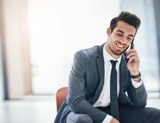 Happy businessman, conversation and relax with phone call for proposal or communication at office....