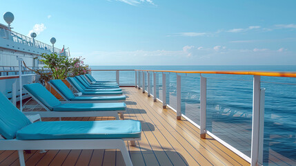 Fototapeta premium row of lounge chairs on the deck of a cruise ship, bright sunny day, blue sky