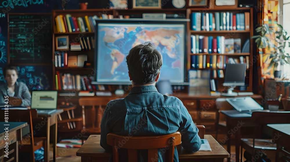 Poster engaging high school teacher in virtual classroom: interactive history lesson with quizzes virtual e