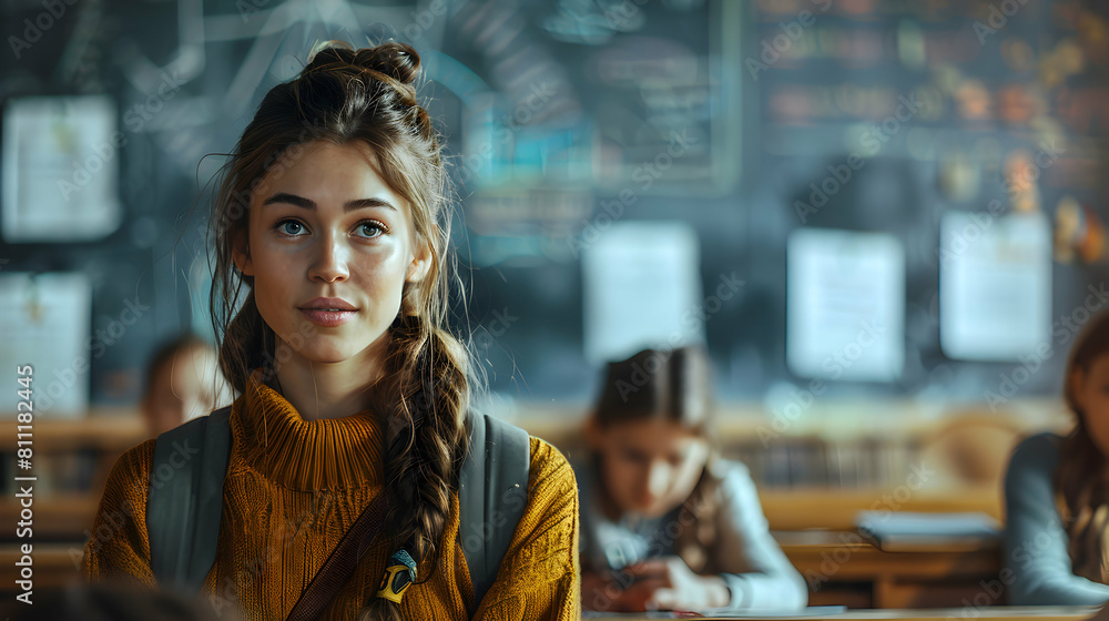 Poster engaging virtual history lesson with interactive quizzes: high school teacher in virtual classroom