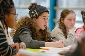 Obraz premium A group of young girls engrossed in a discussion at a table, exchanging ideas and thoughts in a collaborative and educational setting. Generative AI