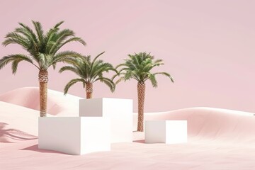 Fototapeta premium palm trees in the desert with three white cubes on a soft pink background for product presentation, mockup template, large empty space