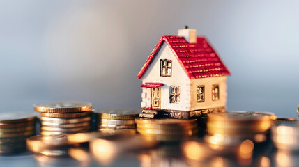 miniature house upon stack pile of coins, concept of savings for house mortgage or purchase