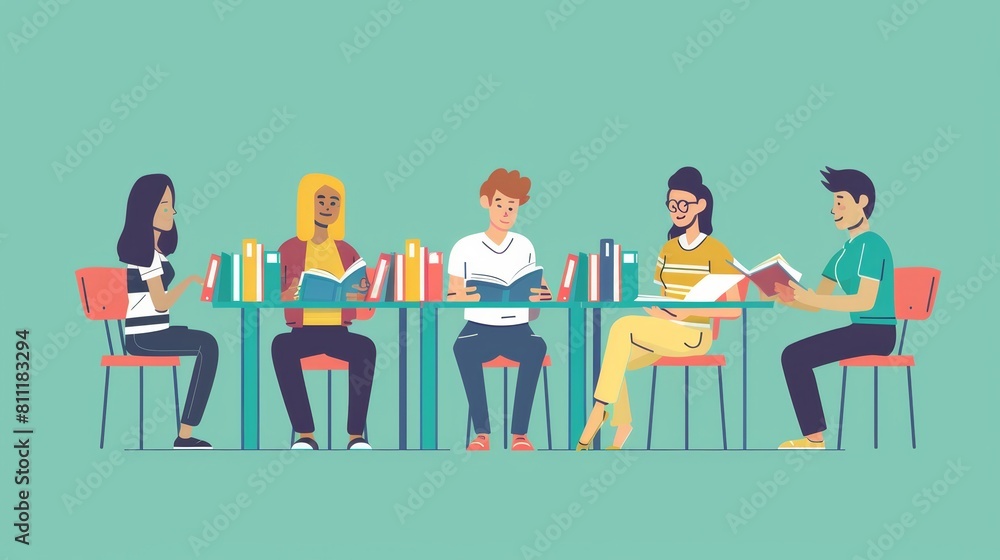 Poster a diverse group of people engaged in deep discussions around a table filled with books. generative a