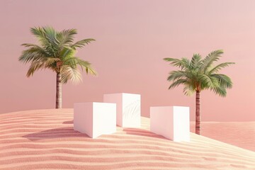 Fototapeta premium palm trees in the desert with three white cubes on a soft pink background for product presentation, mockup template, large empty space