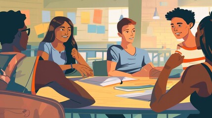 A diverse group of individuals engaged in a lively discussion around a table, sharing ideas and perspectives in a collaborative and intellectually stimulating setting. Generative AI