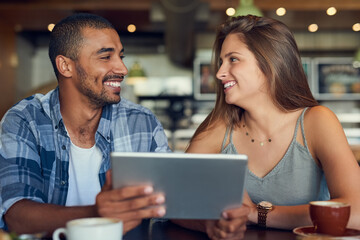 Happy, tablet and couple at cafe for food choice, menu or planning brunch meal for coffee shop date...