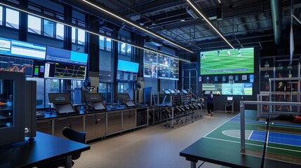 A high-tech sports lab with advanced monitoring systems, data visualization screens, and athlete performance areas.