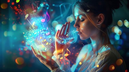 A woman holds a glowing ball of music notes in her hand.
