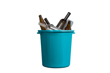 Trashcans, glass, bottles waste sorting, sustainability concept. Recycled plastic trash bins