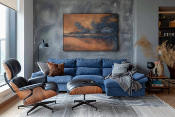 dark blue sofa and recliner chair in scandinavian apartment. Interior design of modern living room