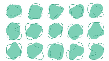 15 Modern Tosca Asymetric Shapes liquid irregular blob with Green line abstract elements graphic flat style design fluid vector illustration set. Nice amoeba blobs, blotches, drops or stains bundle
