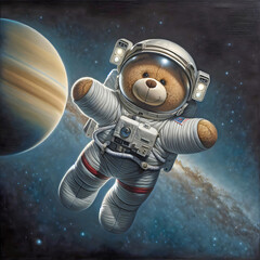 A teddy bear in a detailed astronaut suit is floating in space with a large planet in the background