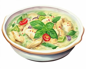 A bowl of green curry with chicken, vegetables, and basil leaves.