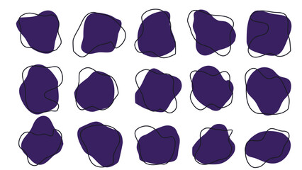 15 Modern Purple Asymetric Shapes liquid irregular blob with Dark line abstract elements graphic flat style design fluid illustration set. Nice amoeba blobs, blotches, drops or stains bundle
