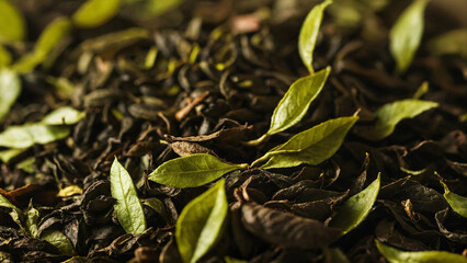 Tea leaves background 16:9 with copyspace