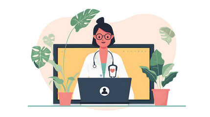 Online medical consultation concept. Woman doctor with laptop.
