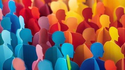 Cut out colored paper figures, concept of diversity, multicultural, multiracial. Respect and unity between gender and race. Inclusive environment.