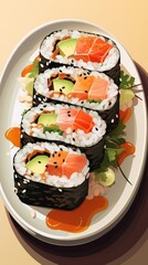 A sushi roll on a tray flat design, top view, Japanese theme, animation, Splitcomplementary color scheme