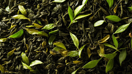 Tea leaves background 16:9 with copyspace