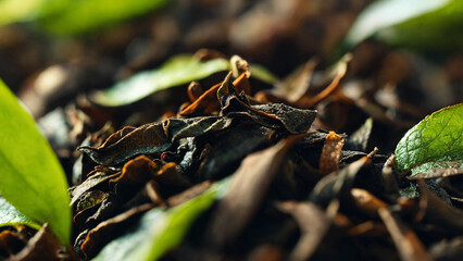Tea leaves background 16:9 with copyspace