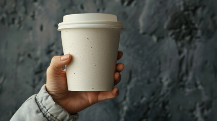 hand holding a blank white coffee cup mockup on a grey background