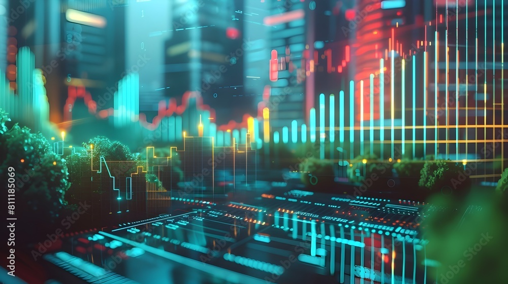 Poster digital market and trading analytics dashboard with graphs and charts showing financial data and