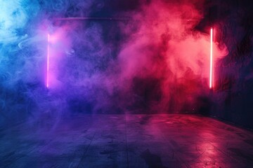 A room filled with smoke and neon lights, suitable for nightclub or party themes
