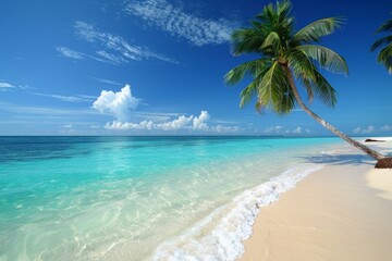 Tropical beaches with crystalclear turquoise waters, white sandy shores, and palm trees swaying in the breeze. Travelandtourism promotion or luxury vacation ads.