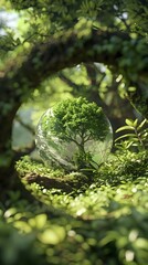 Earths Living Gaia A D Rendered Green Forest with Tree Growing from Inside the Planet