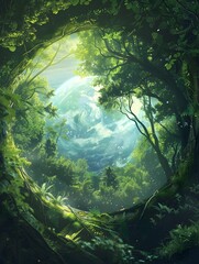 Illustrators Harmonious Vision Earths Global Planet Emerging from a Lush Green Forest