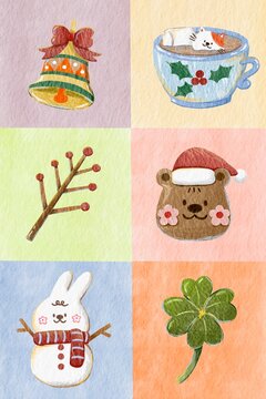 Santa Claus teddy bear with christmas bell, bunny snowman, clover leaf and mushmellow in cup of cocoa. christmas element decoration.