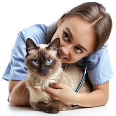 Smiling veterinarian hugging siamese cat isolated on white background