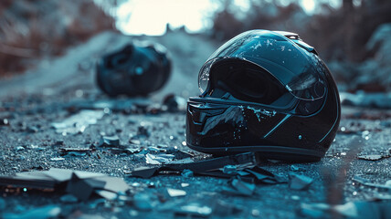 A broken black motorcycle helmet lying on the side of an empty road, suggesting a past accident or potential danger, and emphasizing the importance of safety gear for riders.
